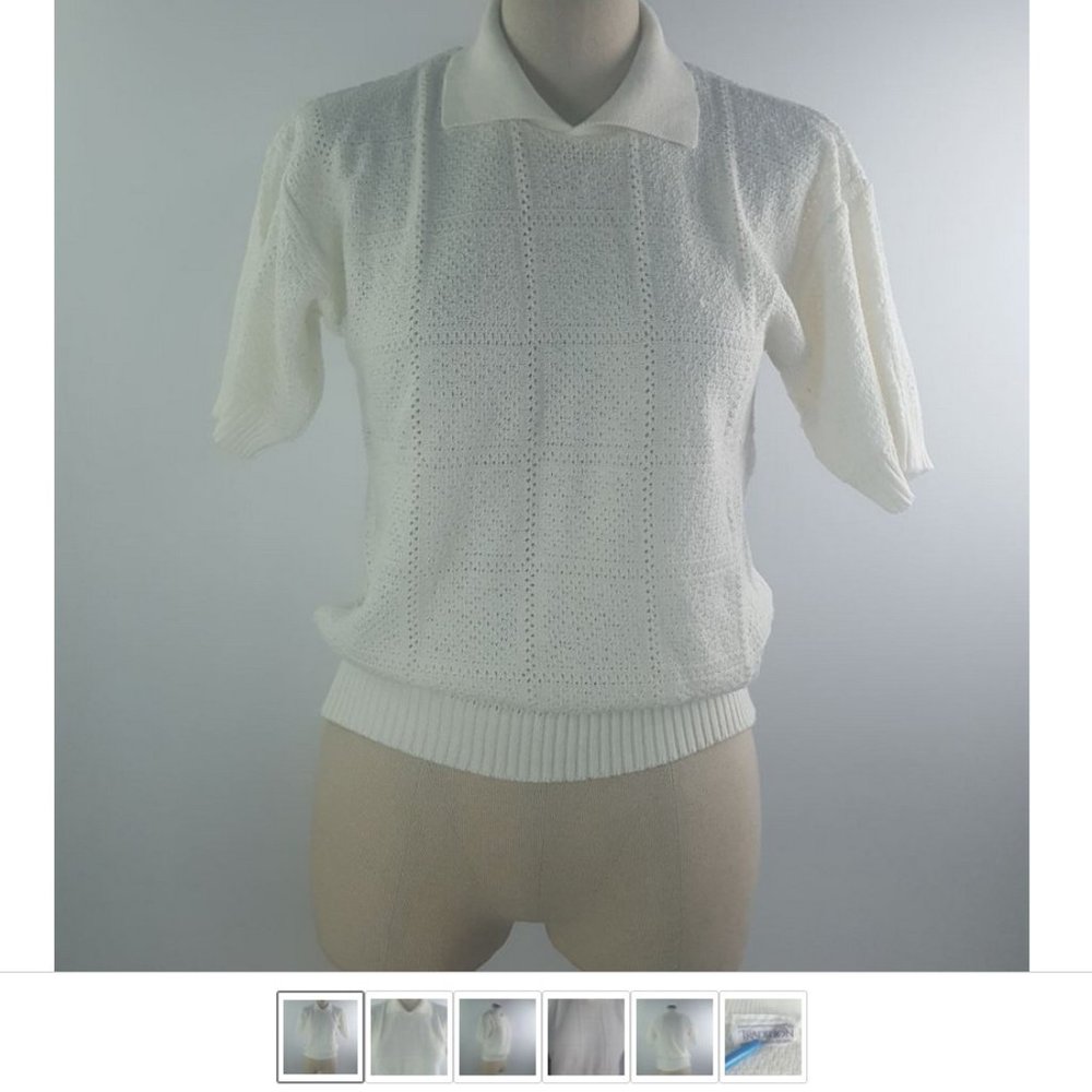 Vintage White Women Blouse Blouson Ribbed Knit Collared by Tradition Sears Small